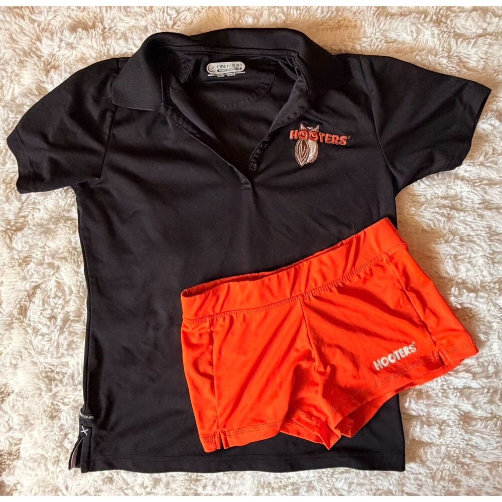 Authentic Hooters Uniform Set - Black Polo Shirt & Orange Booty Shorts S - XXS